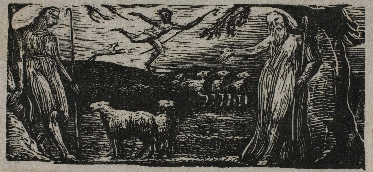 Thenot remonstrates med Colinet, Lightfoot i bakgrunden, från The Pastorals of Virgil av William Blake
