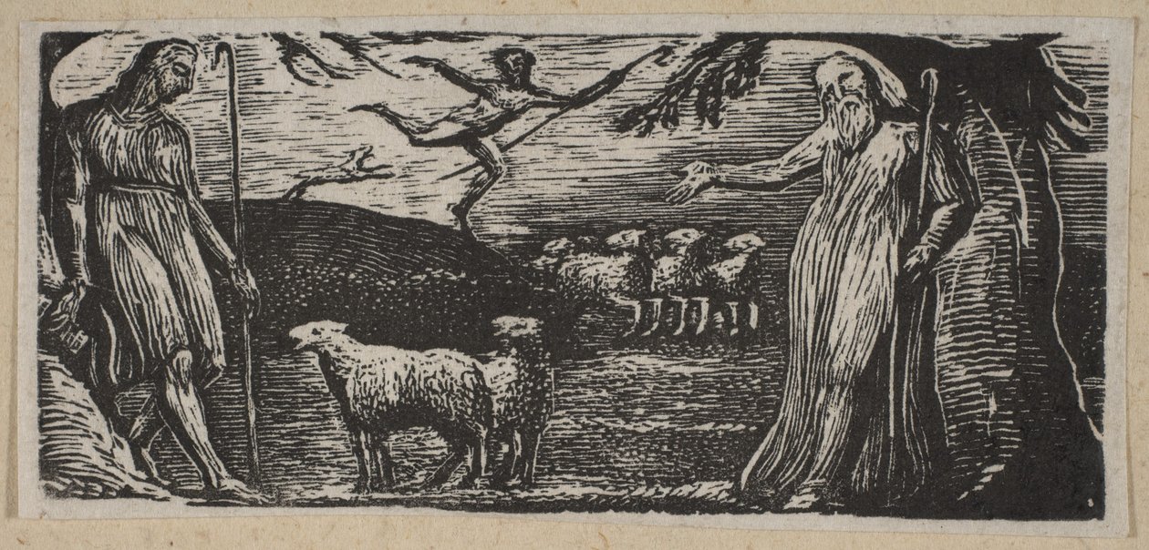 Thenot remonstrates med Colinet, Lightfoot i bakgrunden, från Thorntons Pastorals o..., 1821. av William Blake