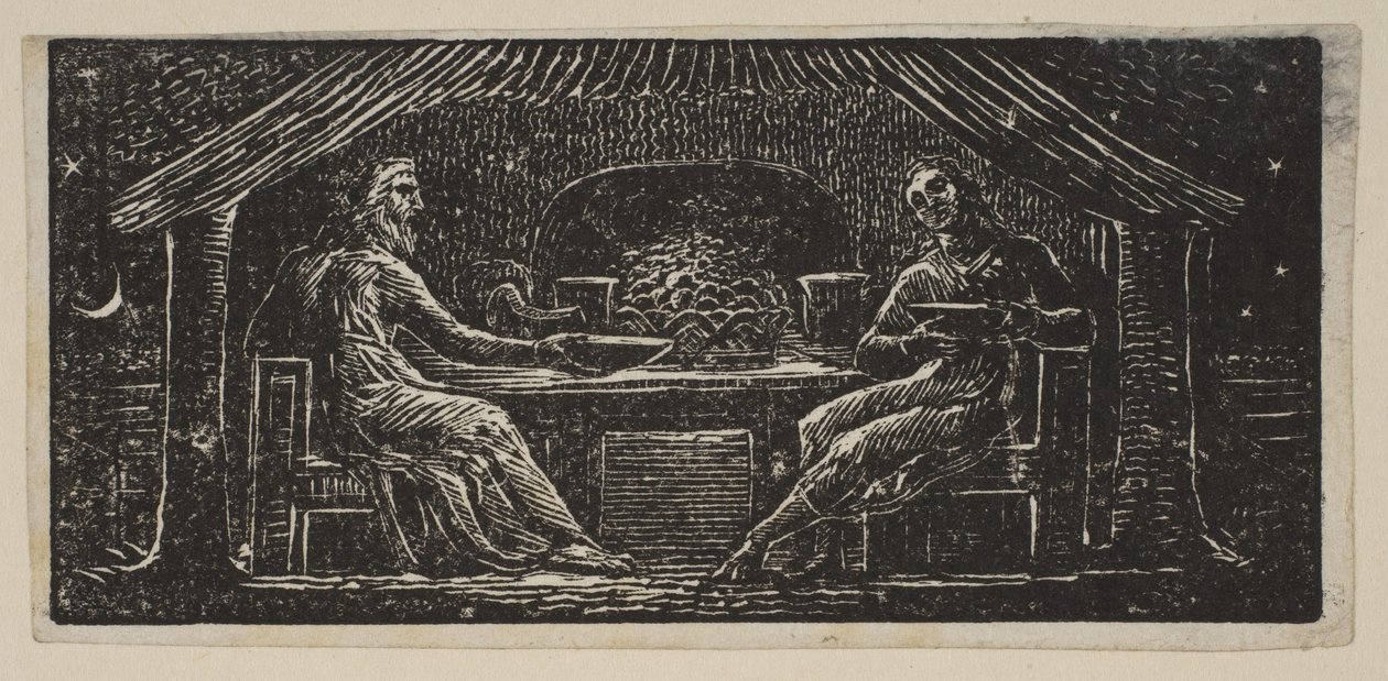 Thenot och Colinet äter sin kvällsmåltid, från Thorntons Pastorals of Virgil, 1821. av William Blake