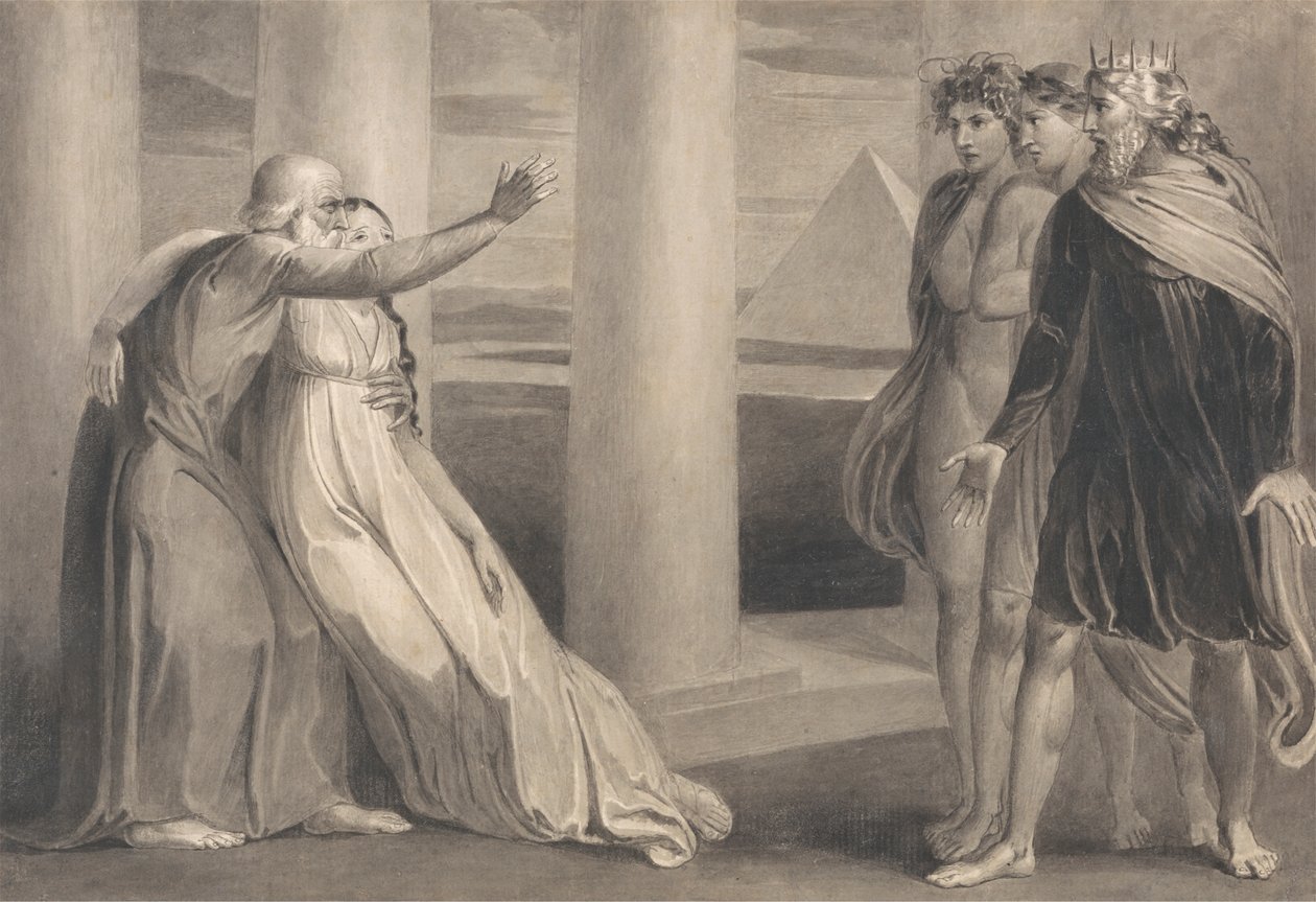 Tiriel stöder den döende Myratana och förbannar hans söner av William Blake