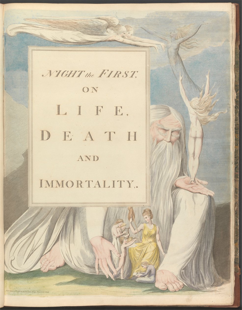 Youngs natttankar, titelsida, "Natt den första, om liv, död och odödlighet." av William Blake