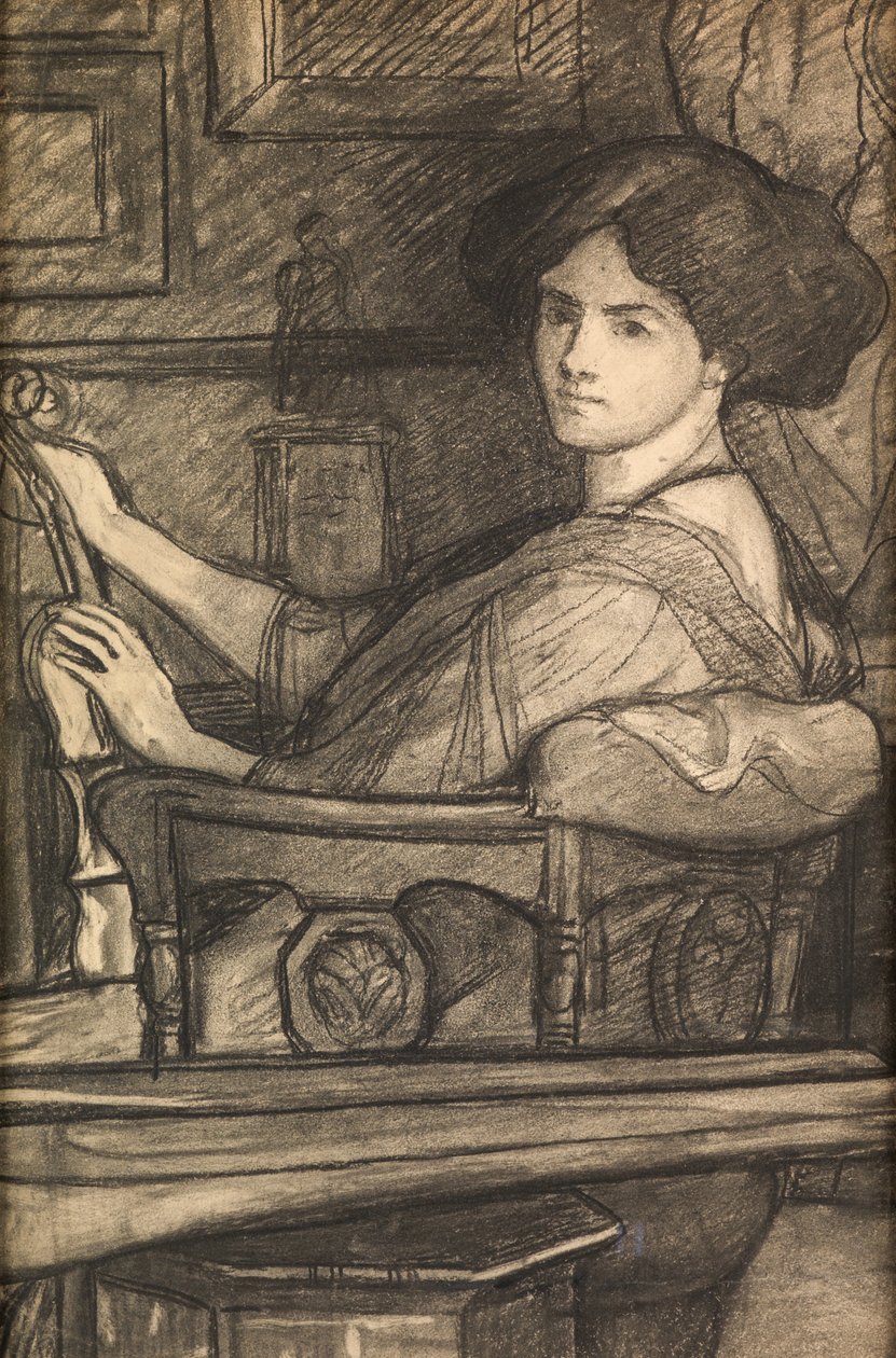 Lena, konstnärens dotter, med en violin (kol) av William Blake Richmond