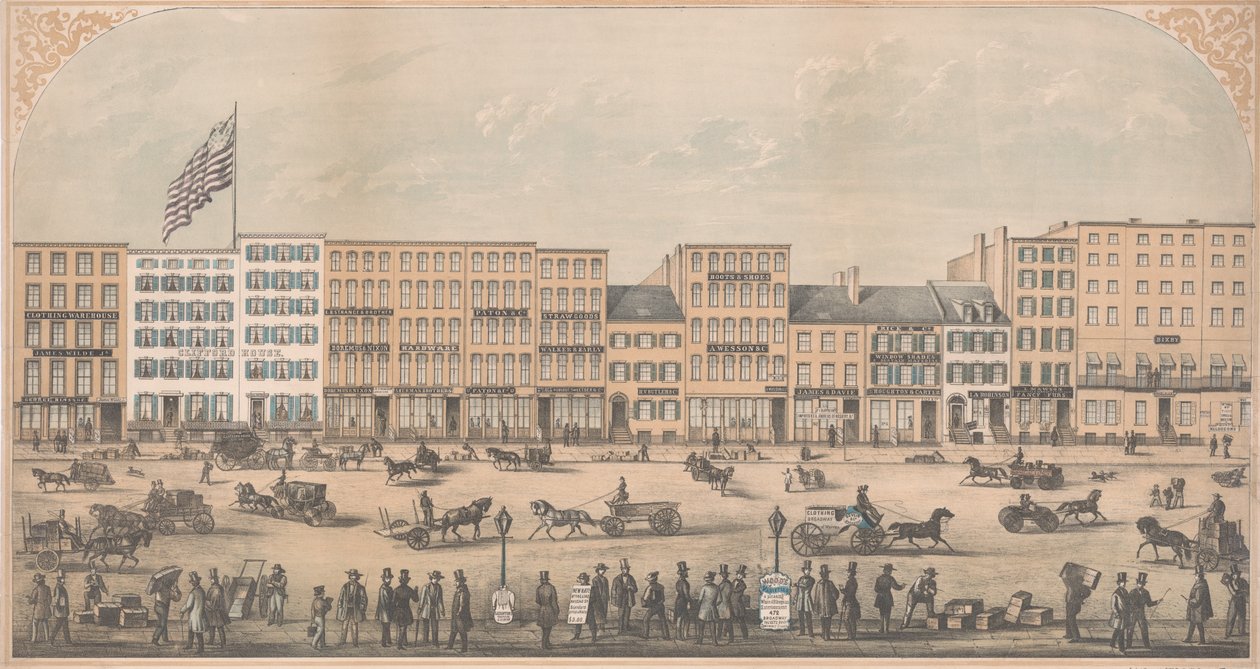 Utsikt över Park Place, New York, från Broadway till Church Street, North Side, A.D. 1854, av William Boell