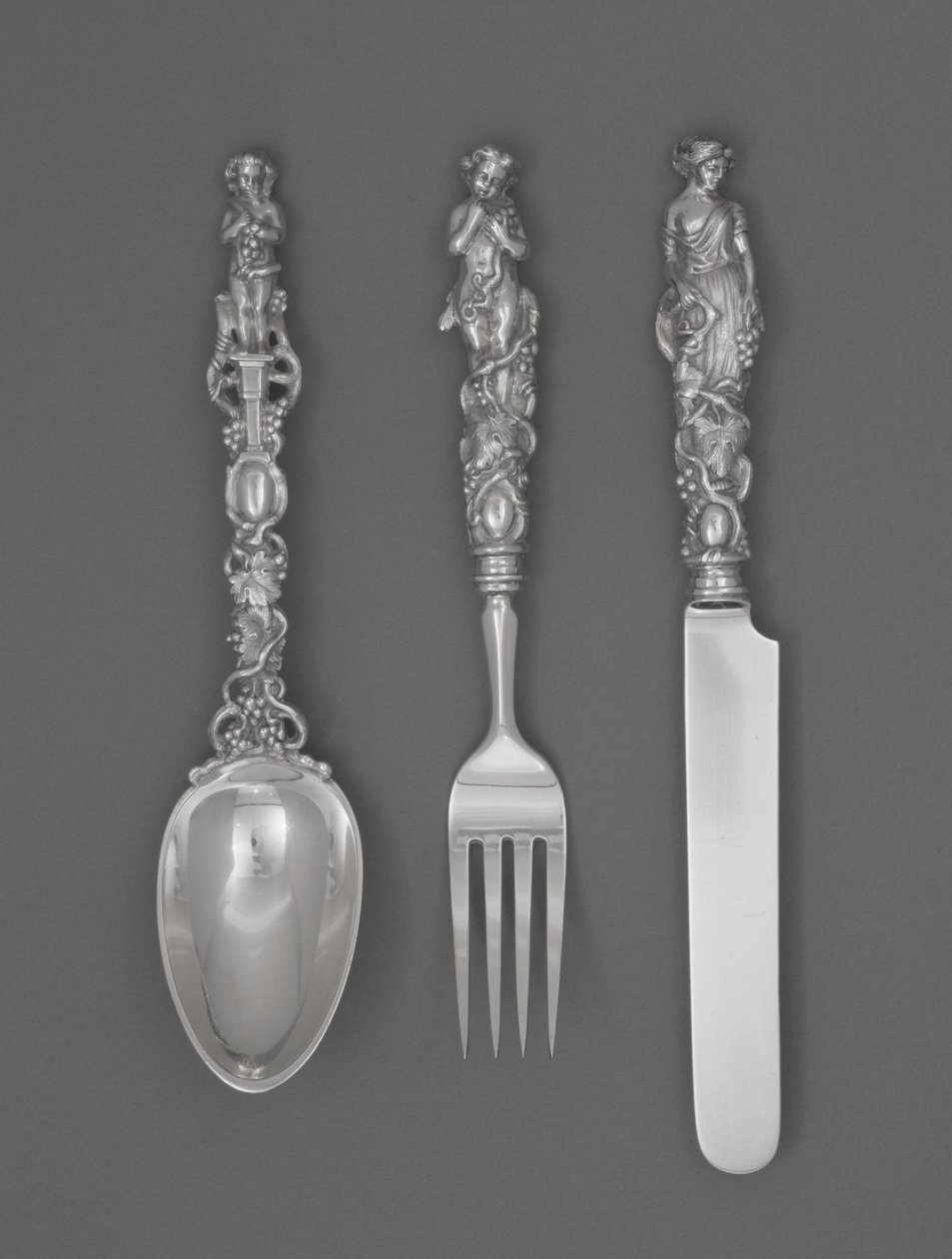 Sæt med børnebestik (kniv, gaffel og ske), ca. 1865-1874 (sølv)sverige av William Bogert
