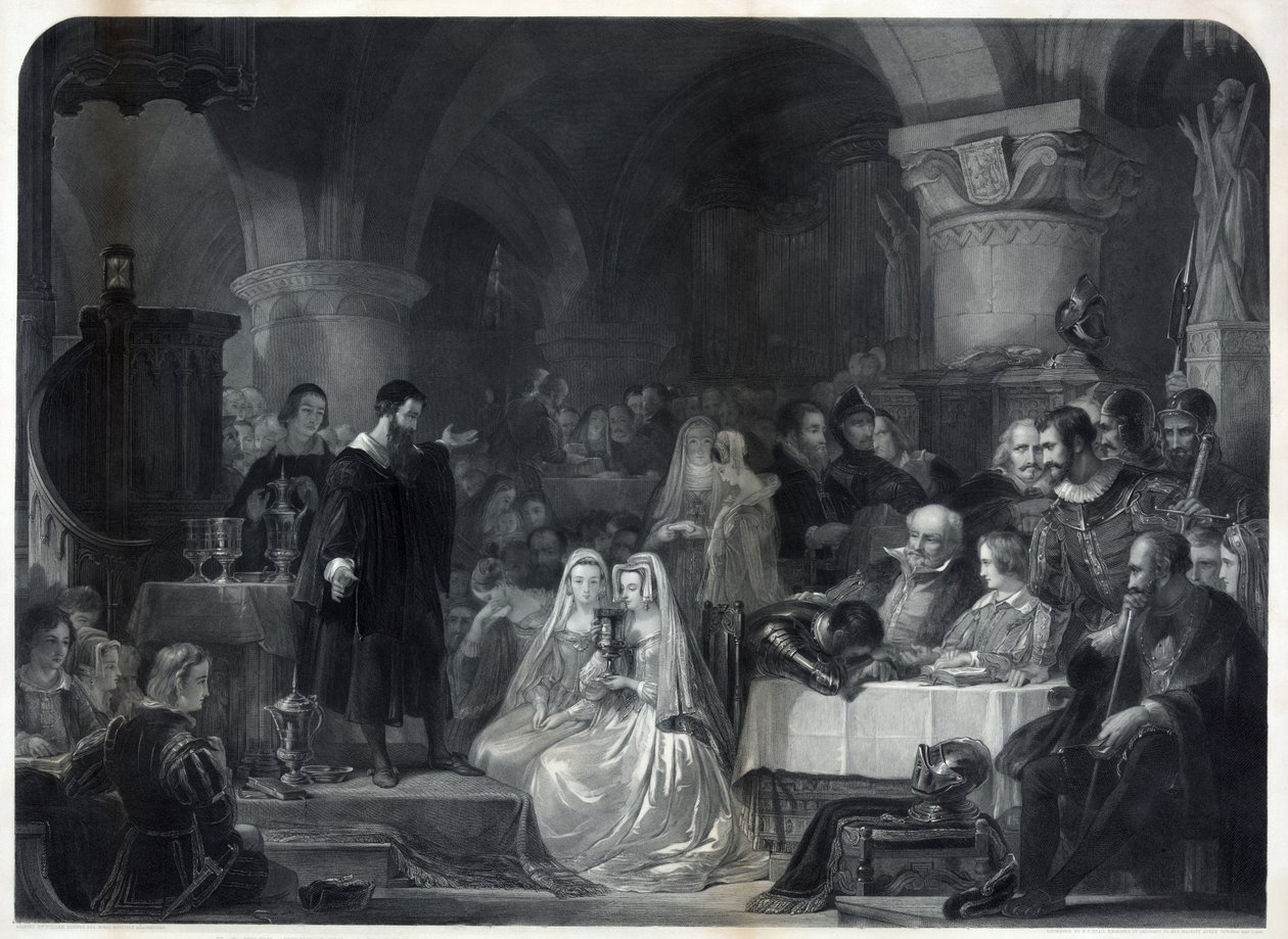 John Knox administrerar den första protestantiska nattvarden, pub. 1849 av William Bonner