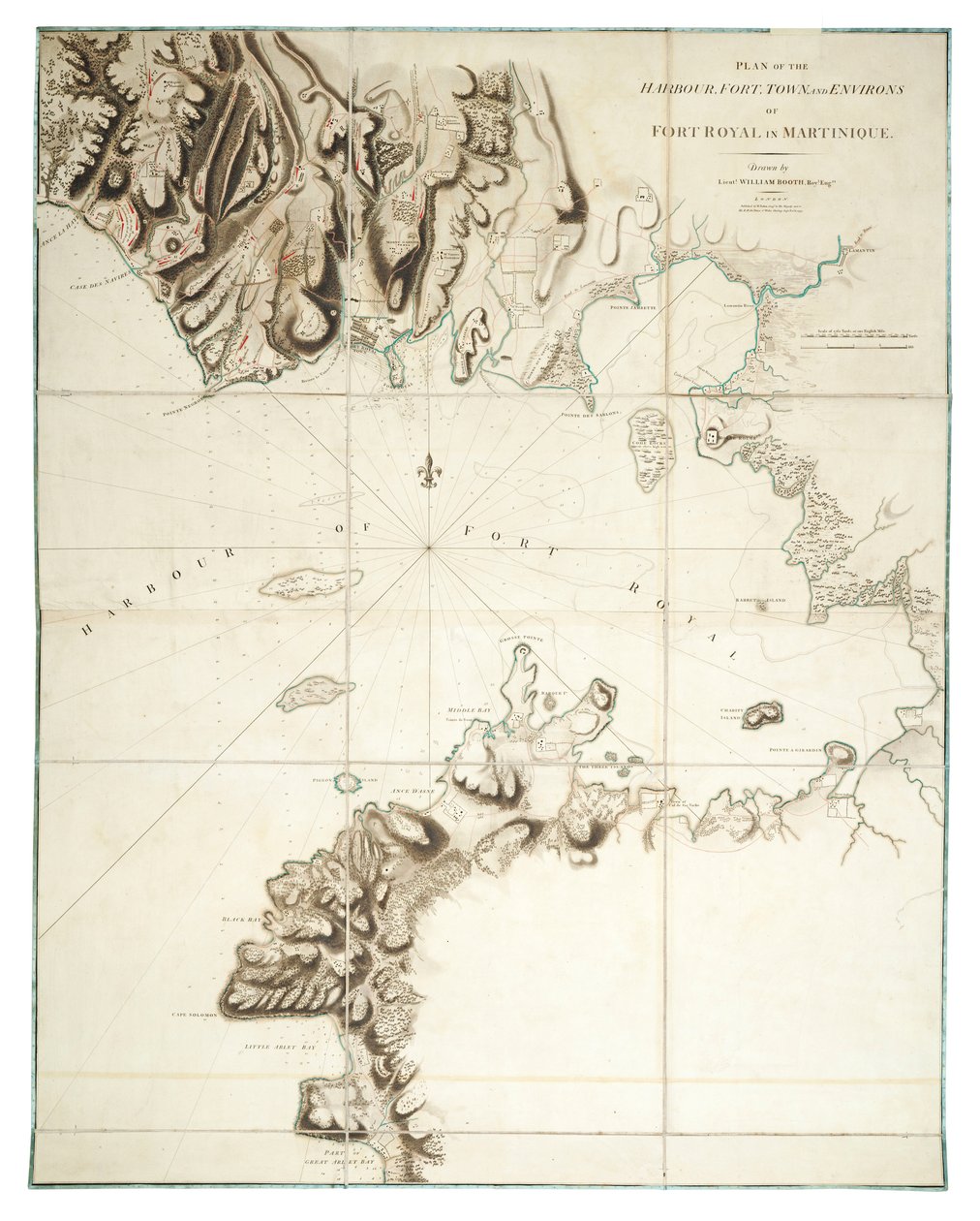 Plan över hamnen, fortet, staden och omgivningarna i Fort Royal på Martinique av William Booth