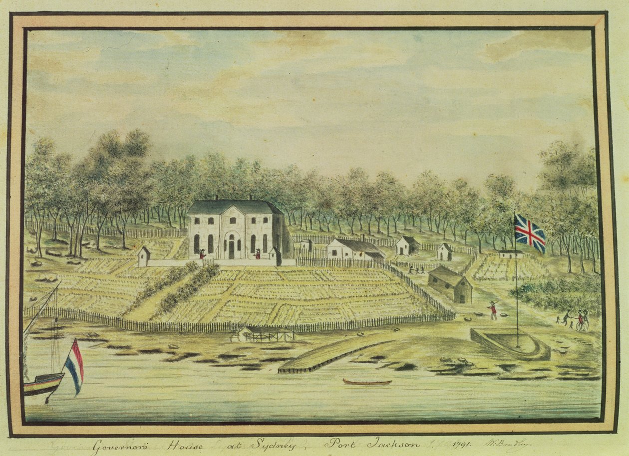 Guvernörens hus i Sydney, Port Jackson, 1791 av William Bradley