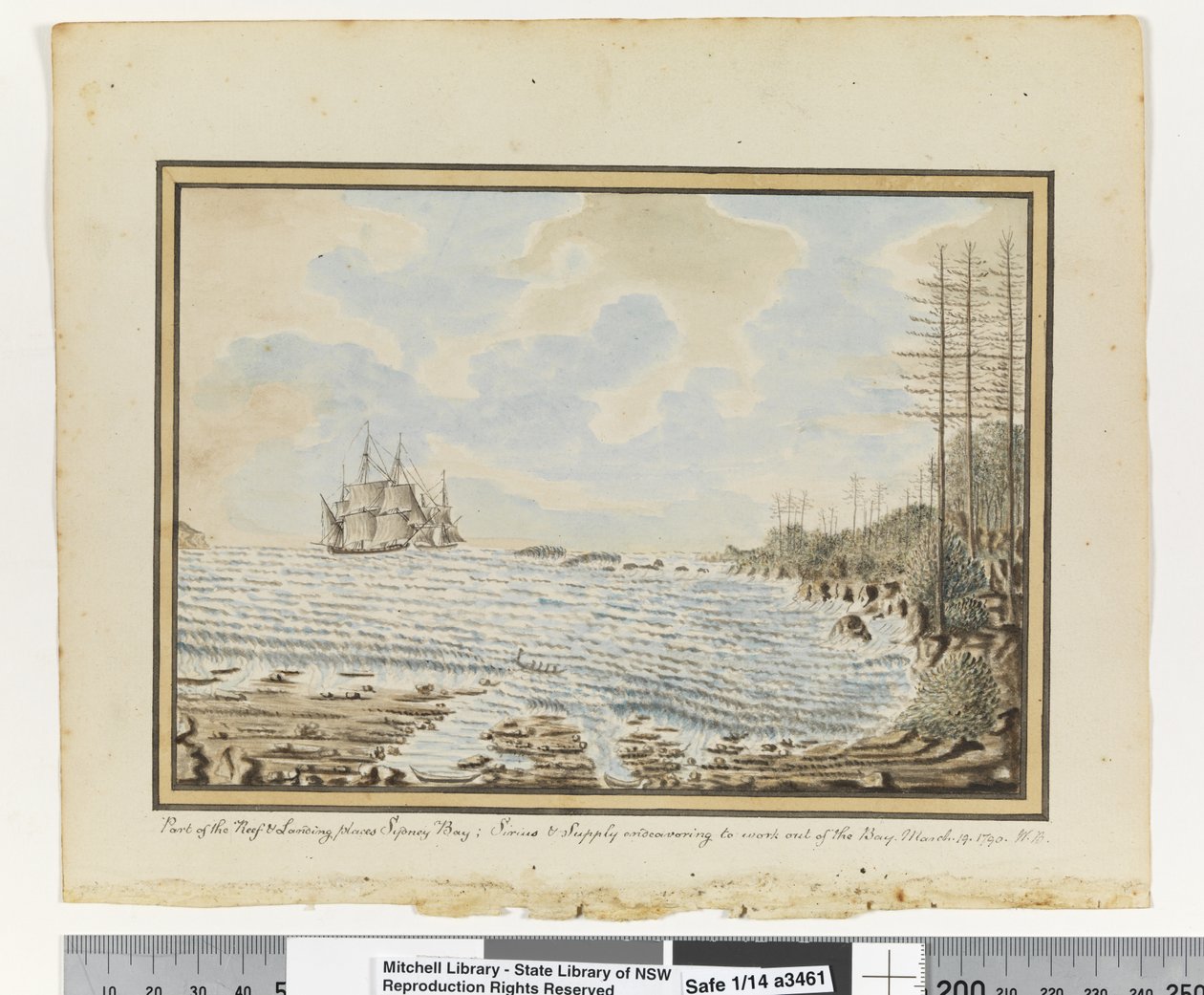 Opp. sid. 194. `En del av Reef & Landing platser Sydney Bay; Sirius & Supply strävar efter att arbeta utanför bukten. 19 mars 1790