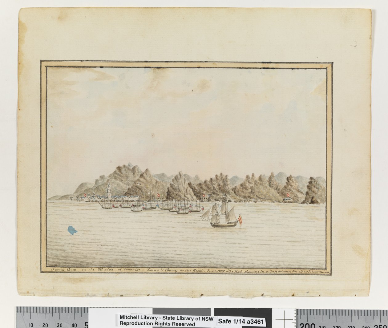 Opp. sid. 19. `Santa Cruz på SE-sidan av Teneriffa; Sirius & Convoy in the Roads. Juni 1787. The Peak Showing in a Gap between two other Mountains