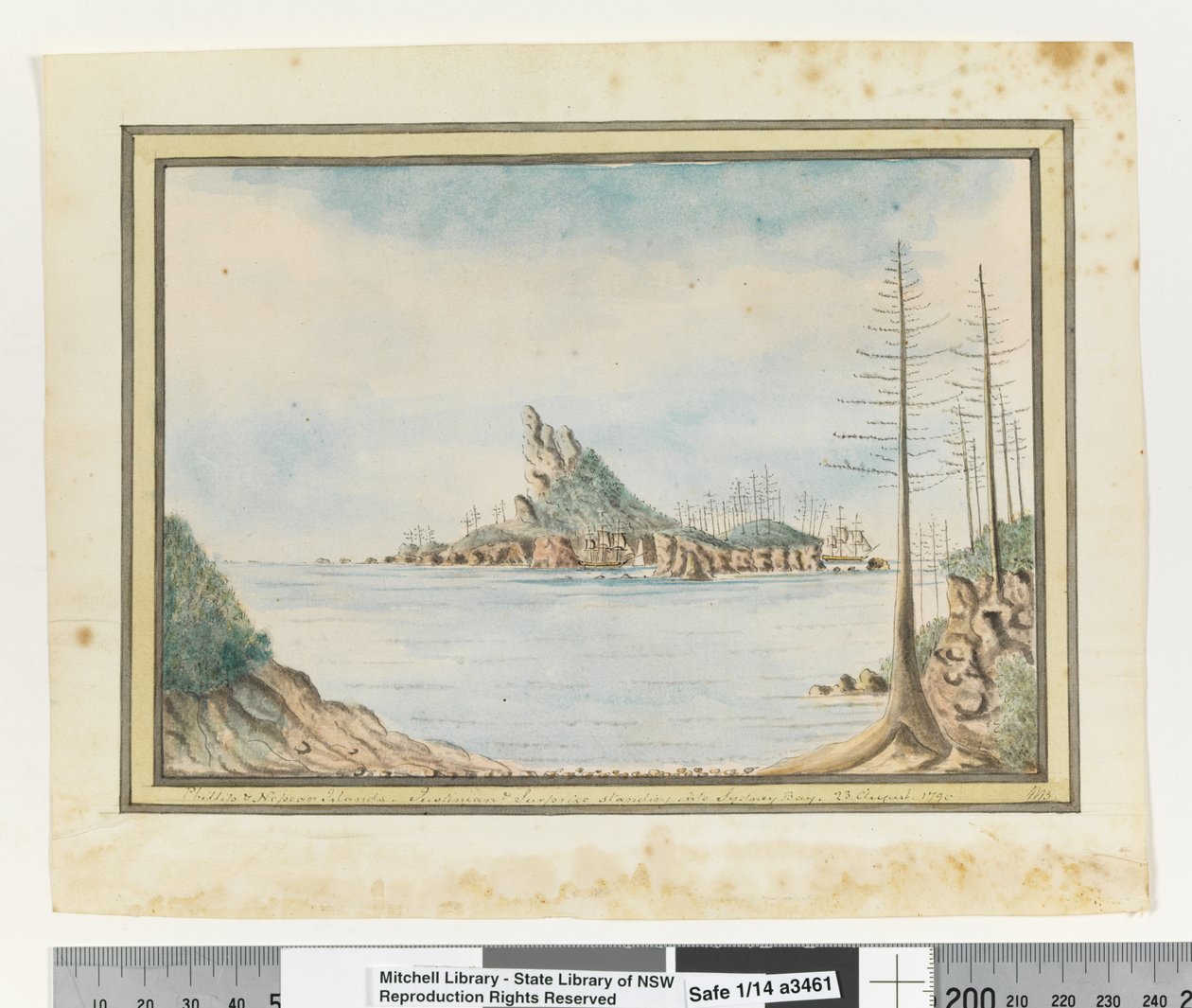 Opp. sid. 211. `Philip & Nepean Islands. Justinian & Surprise står in i Sydney Bay. 23 augusti 1790