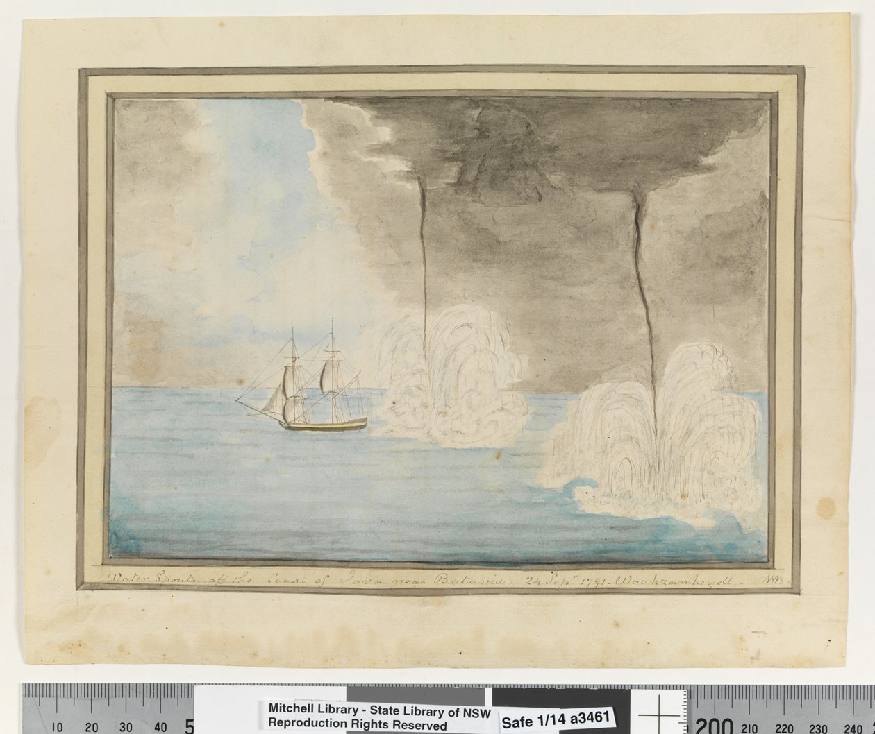 Opp. sid. 290. `Vatten sprutar utanför Javas kust nära Batavaia. 24 sep 1791. Waakzamheydt