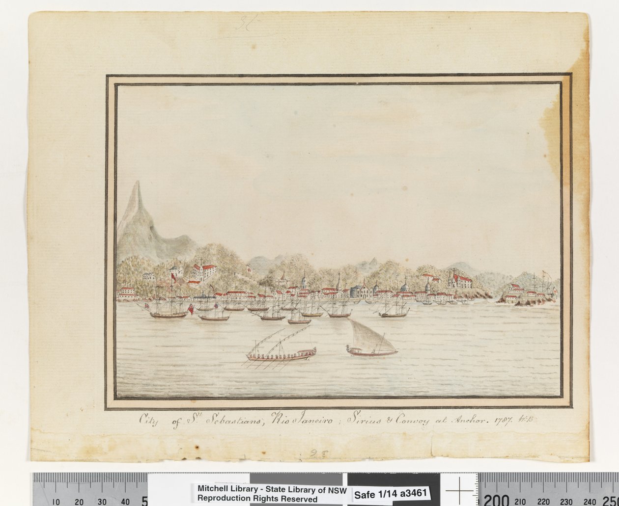 Opp. sid. 37. `Staden St. Sebastians, Rio Janeiro: Sirius och konvojen vid ankaret. 1787
