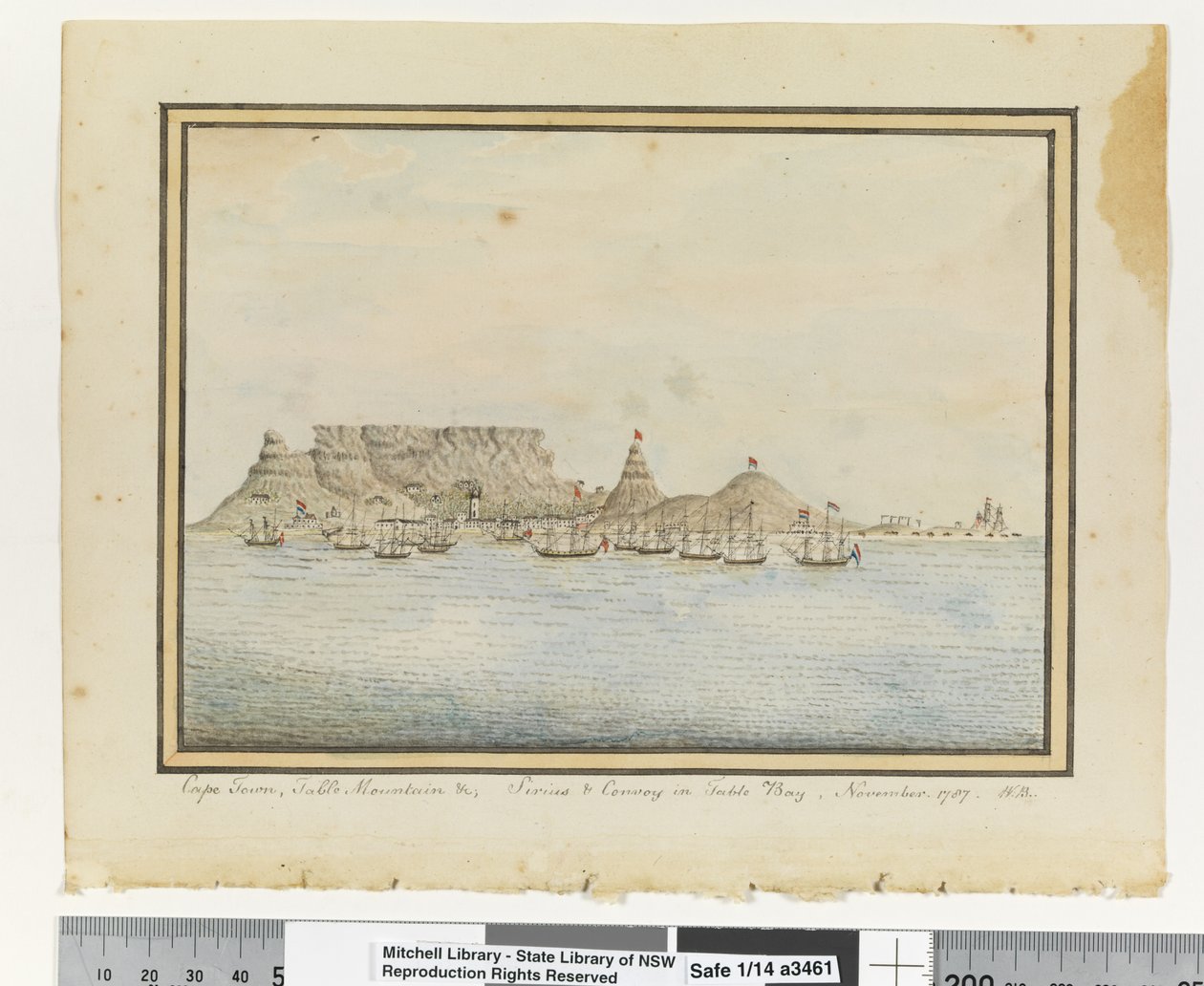 Opp. sid. 46. `Kapstaden, Taffelberget &c; Sirius & Convoy i Table Bay, november. 1787