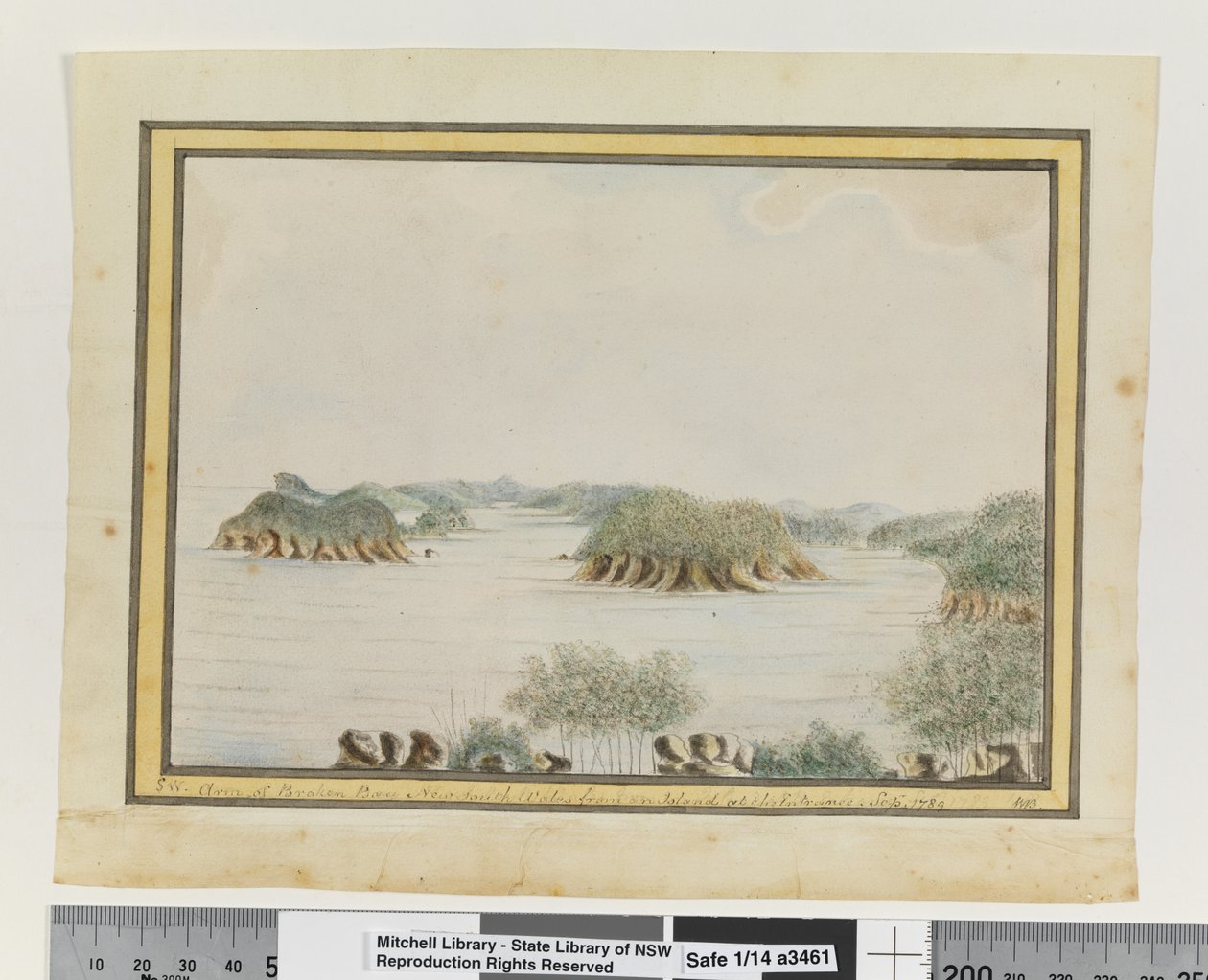 Opp. sid. 93. `SW. Arm of Broken Bay New South Wales från en ö vid ingången. sep 1789