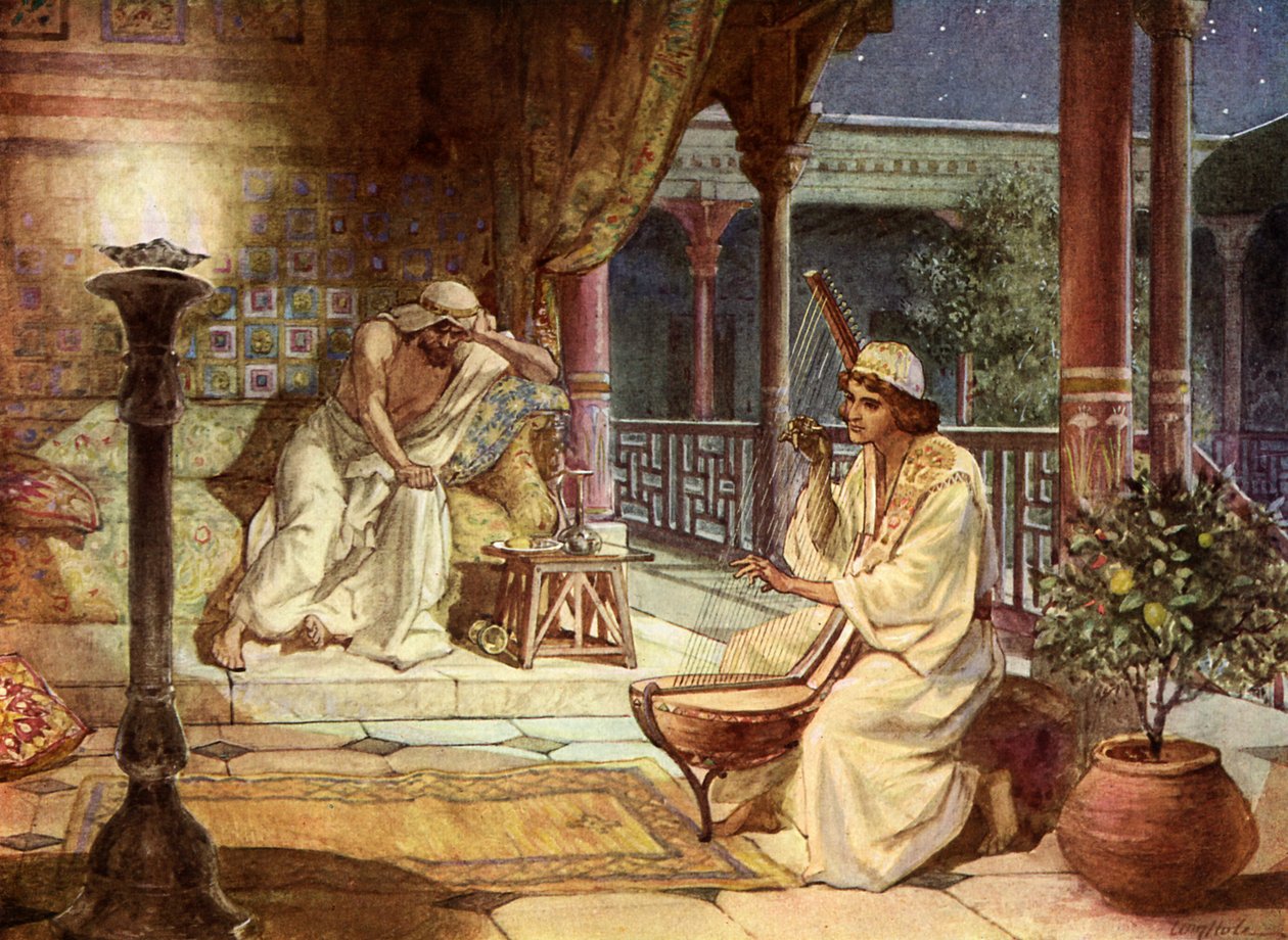 David spelar på harpan för Saul, - Bibeln av William Brassey Hole