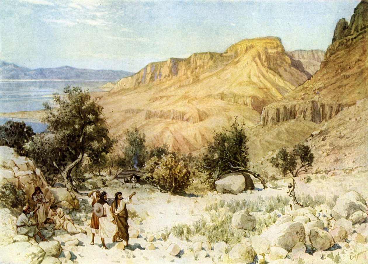 Davids läger vid Ein Gedi där han gömde sig - Bibeln av William Brassey Hole