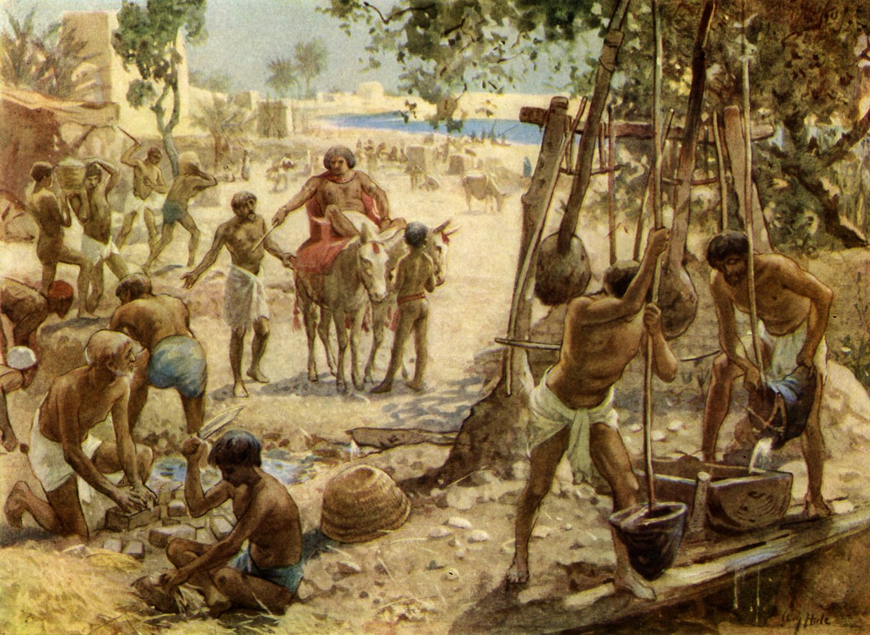 Israeliter gör tegelstenar i Egypten. Andra Mosebok I. II:14 - Bibeln av William Brassey Hole