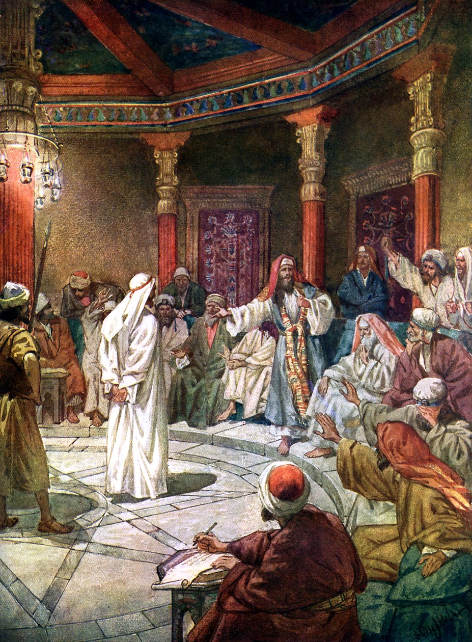 Jesus förhörs av översteprästen Kaifas - Bibeln av William Brassey Hole