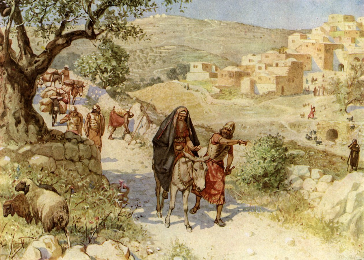 Kung David som flyr från Jerusalem är förbannad av Shimei - Bibeln av William Brassey Hole