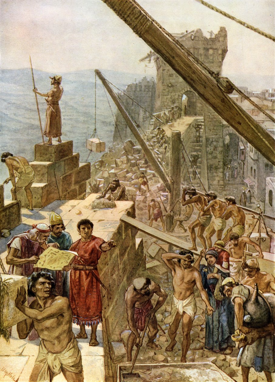Återuppbyggnad av Jerusalems murar under Nehemja - Bibeln av William Brassey Hole