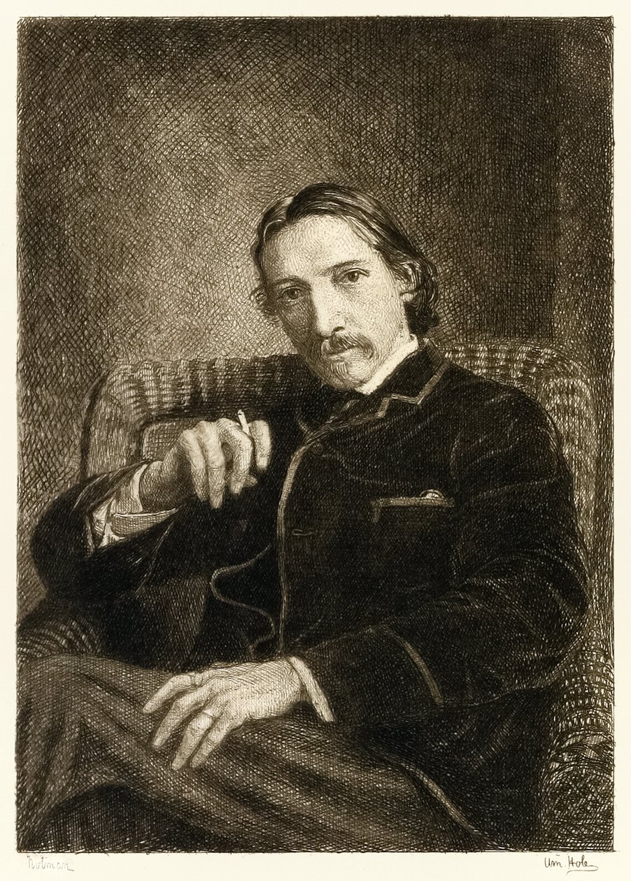 Robert Louis Stevenson (1850-1894) brittisk författare mest känd för sina bästsäljande böcker Treasure Island, Kidnapped and the Strange Case of Dr Jekyll and Mr Hyde. Illustration av William Brassey Hole (1 av William Brassey Hole
