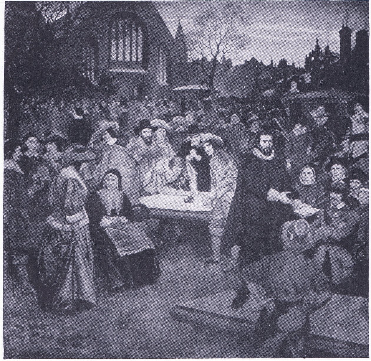 Undertecknandet av det nationella förbundet på Greyfriars kyrkogård 1638, från Cassells History of the British People utgiven av Waverley Book Company Limited, ca 1940. av William Brassey Hole