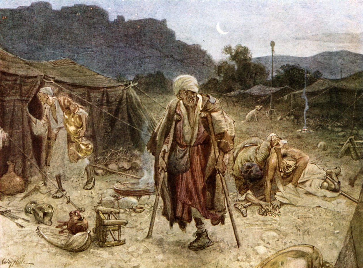 De fyra spetälska plundrade syriernas läger. - Bibeln av William Brassey Hole
