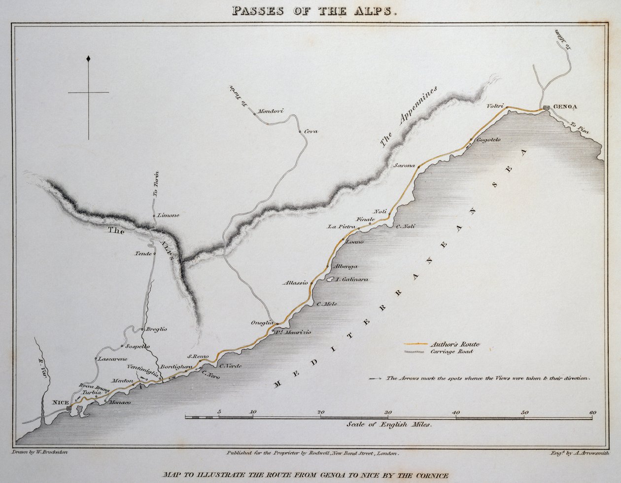 Karta över pass på sjöalperna, kustvägen mellan Genua och Nice, från Illustrationer av de pass i Alperna genom vilka Italien kommunicerar med Frankrike, Schweiz och Tyskland, av William Brockedon (1787-1854), gravyr på koppar, London av William Brockedon