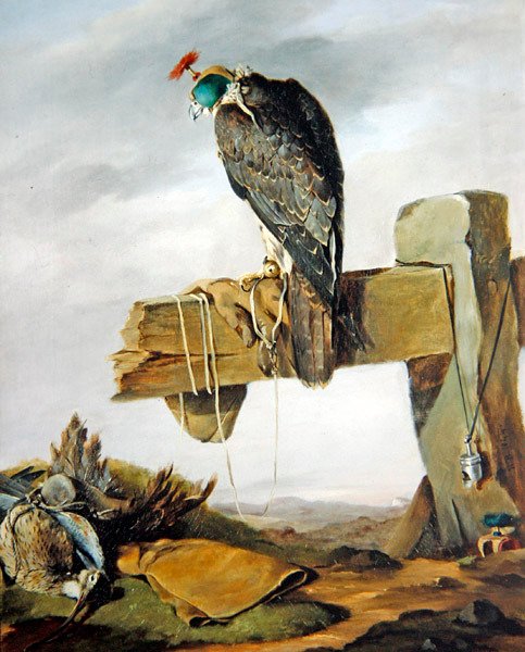 En pilgrimsfalk i huvan med en pilbåge på marken av William Brodrick