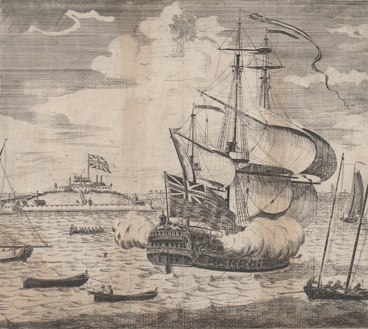 A View of Castle William av Boston i New England, tidigt 1700-tal. av William Burgis.
