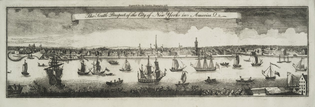 Den södra utsikten av staden New York, i Nordamerika, 1761 av William Burgis