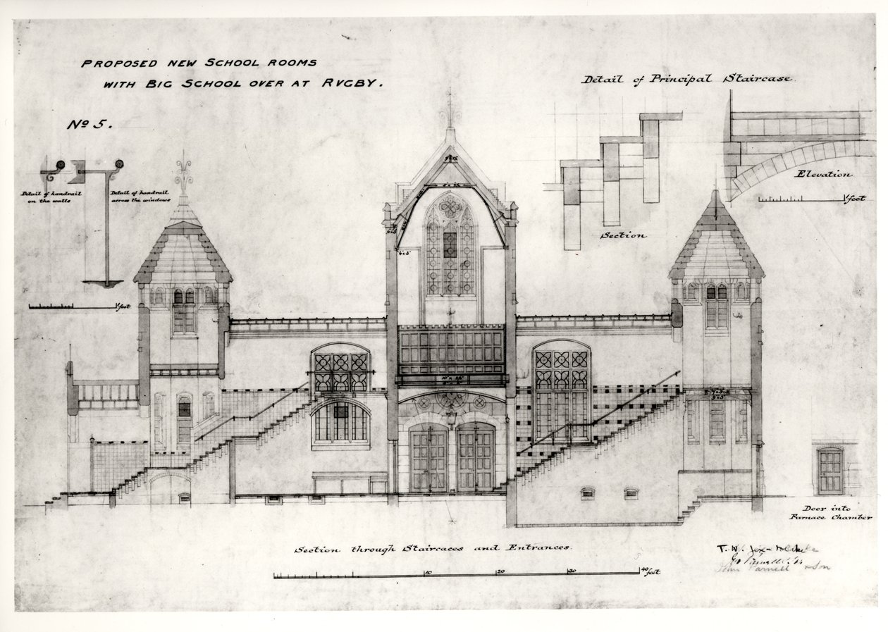 Detaljer om entréer, trappor, dörröppning till ugnskammaren och ledstänger, (New Big School), Rugby School, 1844 (svart bläck, penna och wc) av William Butterfield
