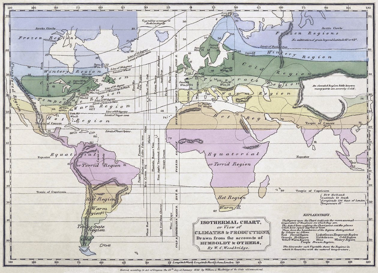Isotermiskt diagram, eller syn på klimat och produktion, illustration från konton av Alexander von Humboldt, 1823 av William C. Woodbridge