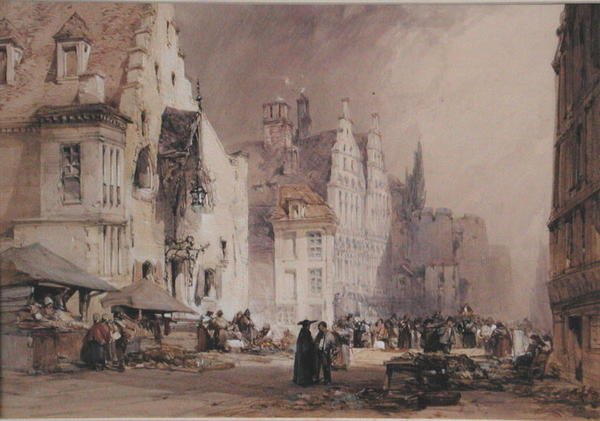En gatumarknad i Gent (akvarell på papper) av William Callow