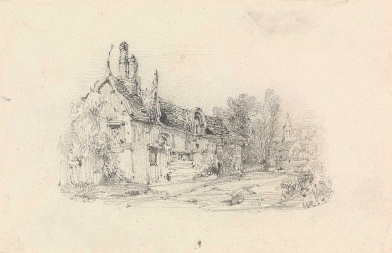 Bondgård med kyrka på avstånd av William Callow