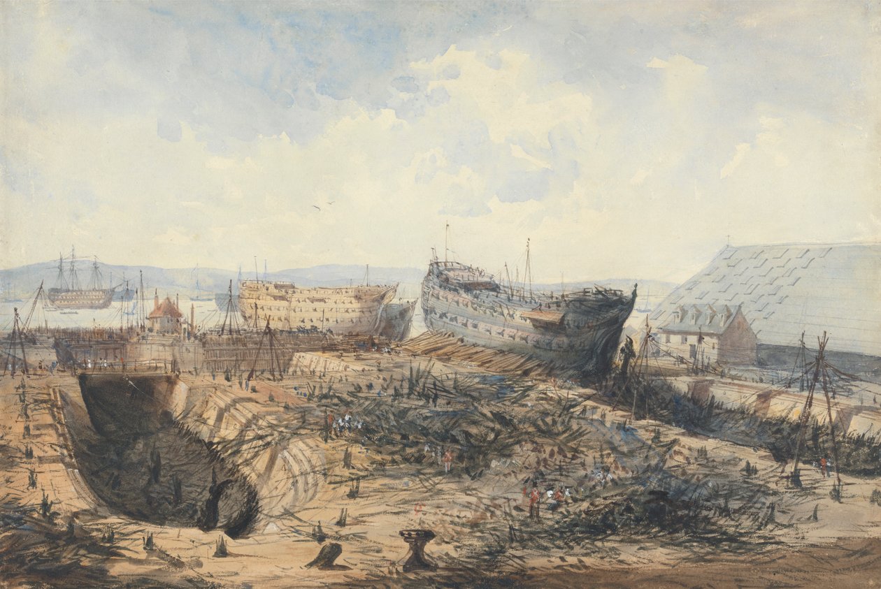 Plymouth Dockyard efter branden av William Callow