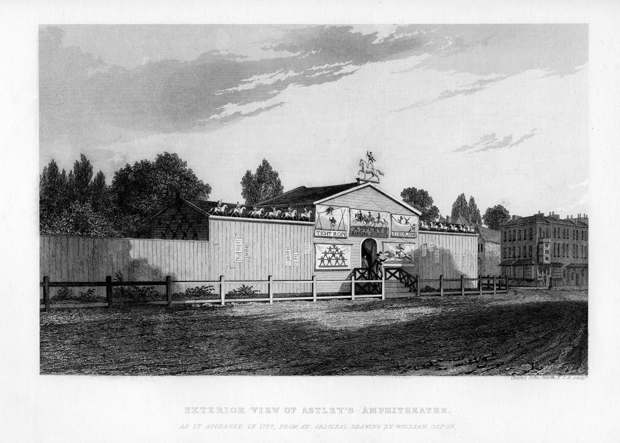 Exteriörvy av Astleys Amphitheater i London som den såg ut 1777, 1840 av William Capon