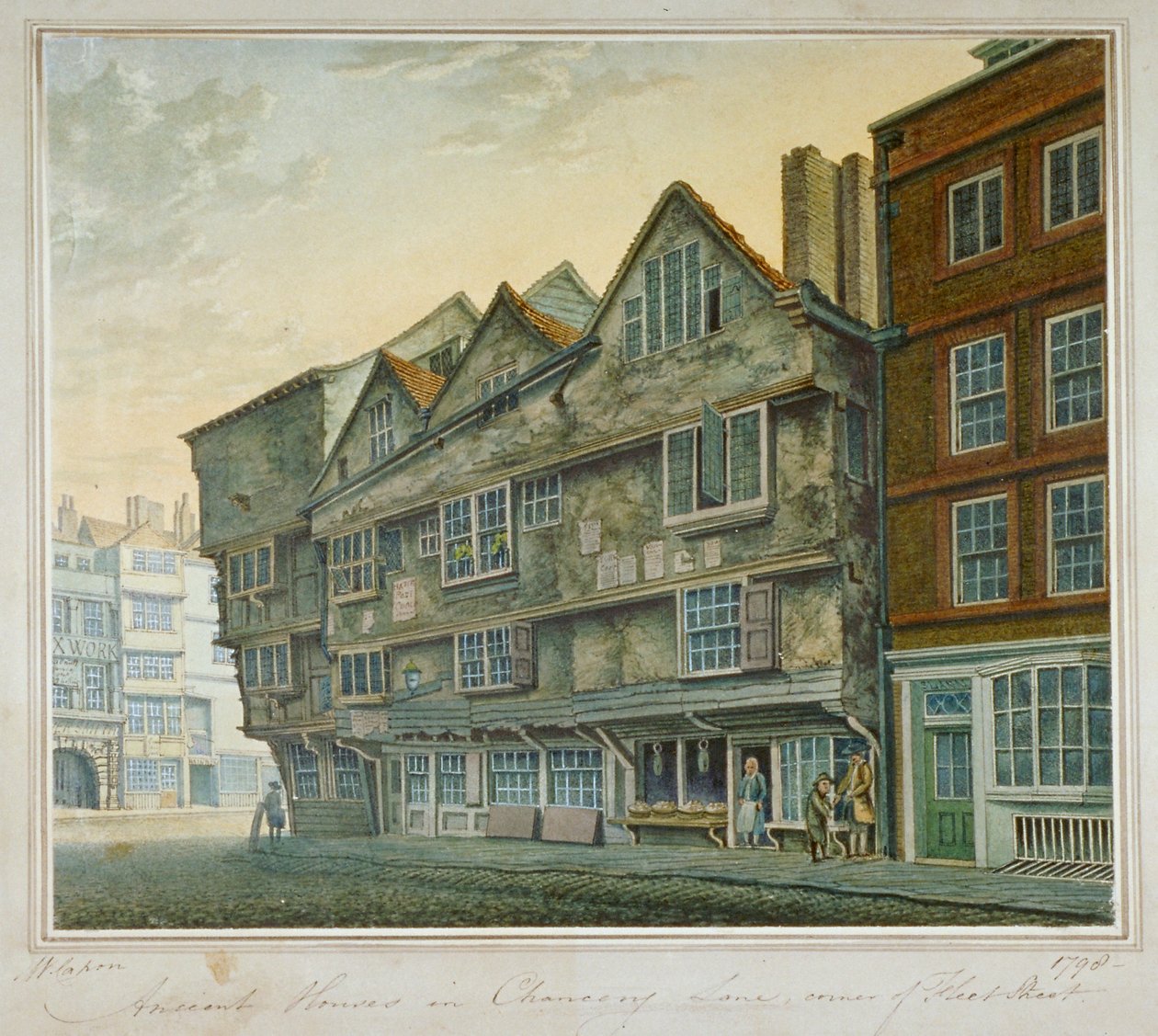 Hus i hörnet av Chancery Lane och Fleet Street, City of London, 1798 av William Capon