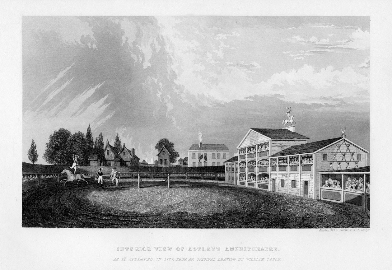 Interiörvy av Astleys Amphitheater i London som den såg ut 1777, 1840. av William Capon