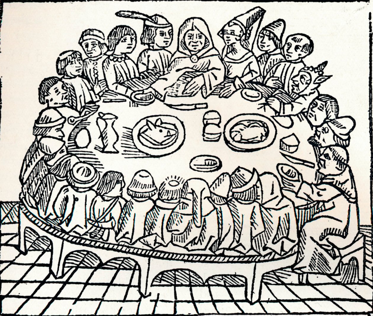 Canterbury-pilgrimerna sitter ner för en gemensam måltid, 1485 av William Caxton