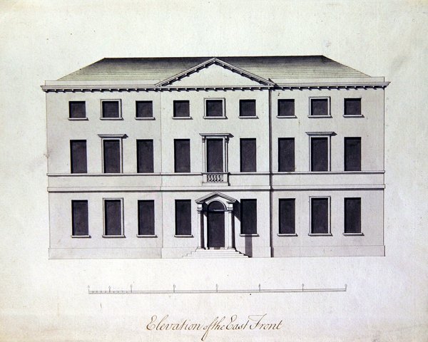 Design för Enville Hall i Staffordshire, ca 1770 (penna och bläck med gråblå tvättar) av William Chambers