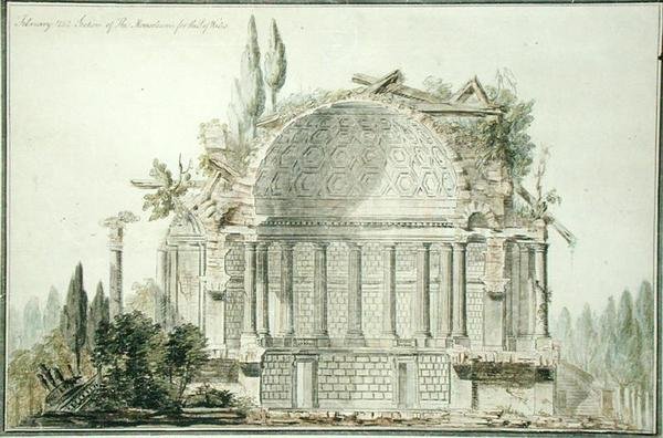 Design för ett förstört mausoleum för prinsen av Wales (1738-1820) 1752 (penna, bläck och akvarell på papper) av William Chambers
