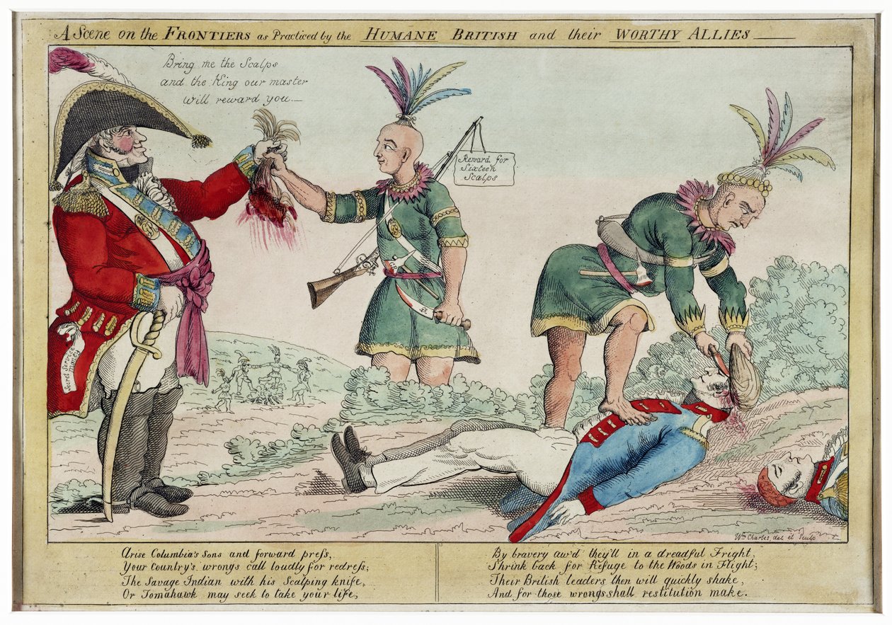 A Scene on the Frontiers som praktiserats av de humana britterna och deras värdiga allierade, pub. 1812 (handfärgad gravyr) av William Charles
