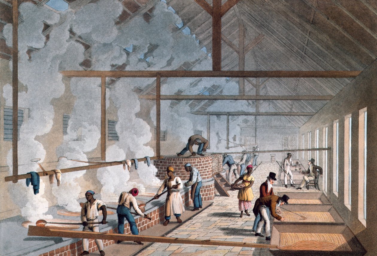 - Interiör av ett kokande hus på en sockerplantage i "Tio Views in the Island of Antigua, där processen för sockertillverkning och anställningen av negrerna representeras"" av William Clark. 1823. av William Clark