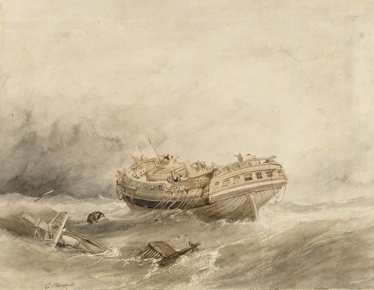 Ett handelsfartyg spårar ur i lugnet som följer på stormen. Akvarell (34,4x44,5 cm) av Clarkson Stanfield (1793-1867) av William Clarkson Stanfield