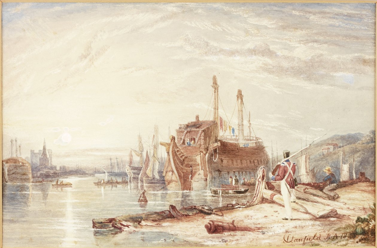 Hulk i Falmouth Harbor (akvarell (förhöjd med vit) på papper) av Clarkson Frederick Stanfield