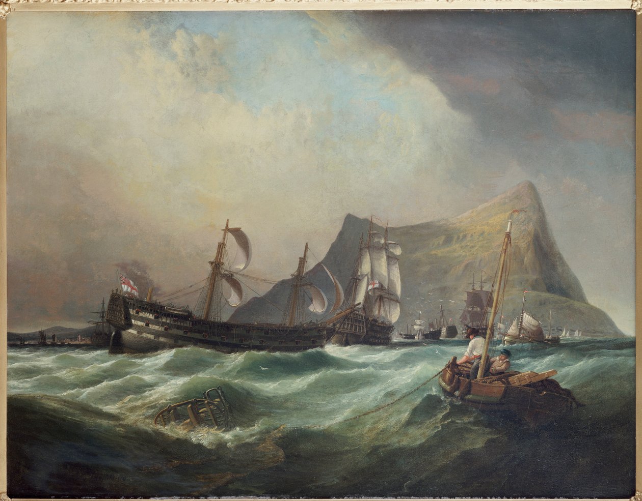 Neptunus, bogsera segern till Gibraltars hamn efter slaget vid Trafalgar av Clarkson Frederick Stanfield