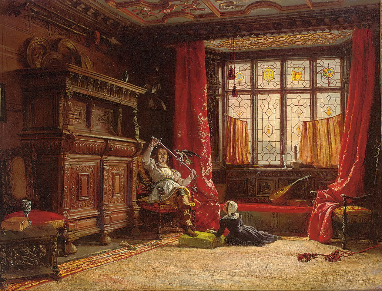 En kavaljer i ett mörklagt inre, en fågel på sitt svärd, 1843 av William Collingwood