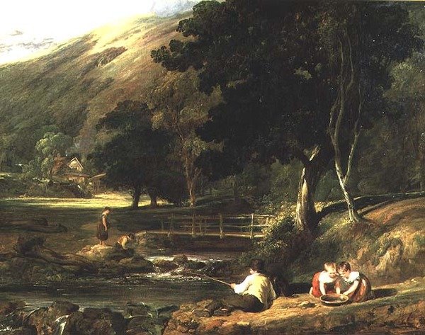 Borrowdale, Cumberland, med barn som leker vid en ström av William Collins