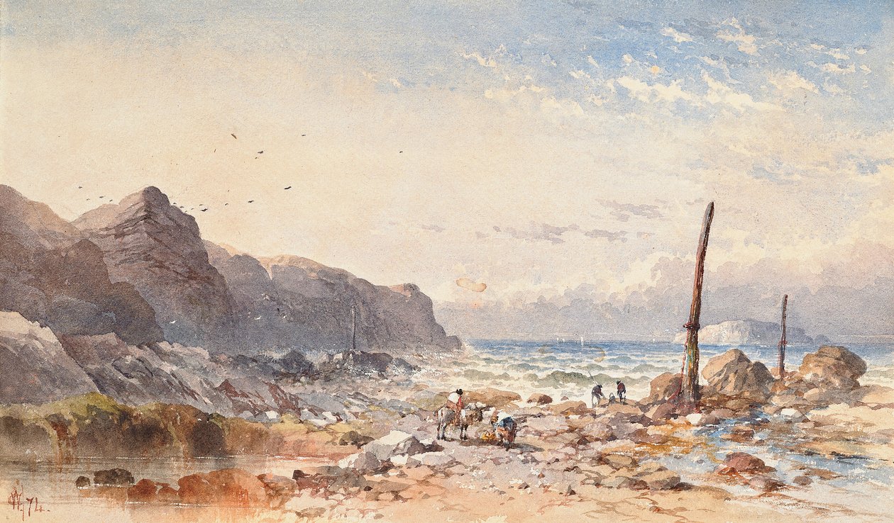 En blåsig dag med fiskare på strandkanten, 1874 av William Cook of Plymouth